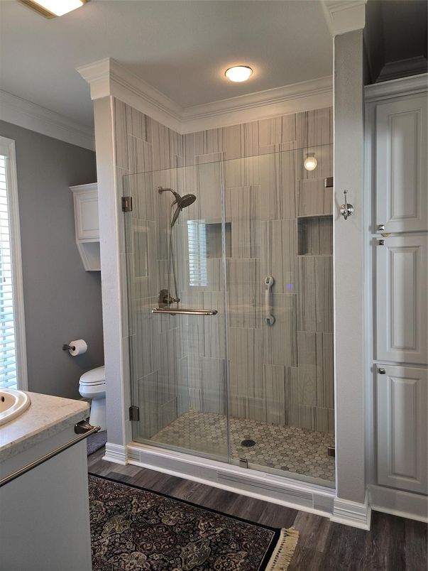 Bathroom, Glass Shower, Interior, Recessed Lighting, Wood Texture Flooring