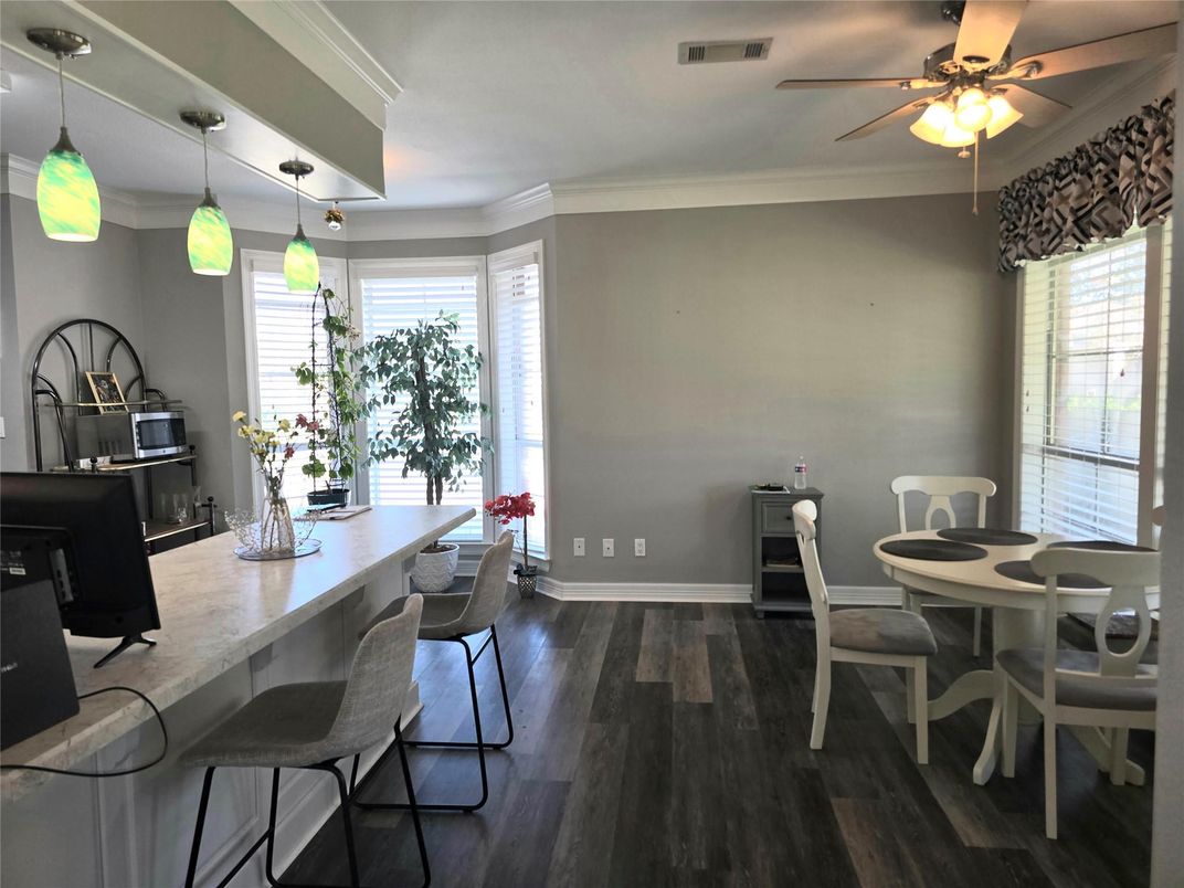 Dining room, Interior, Pendant Lights, Wood Texture Flooring
