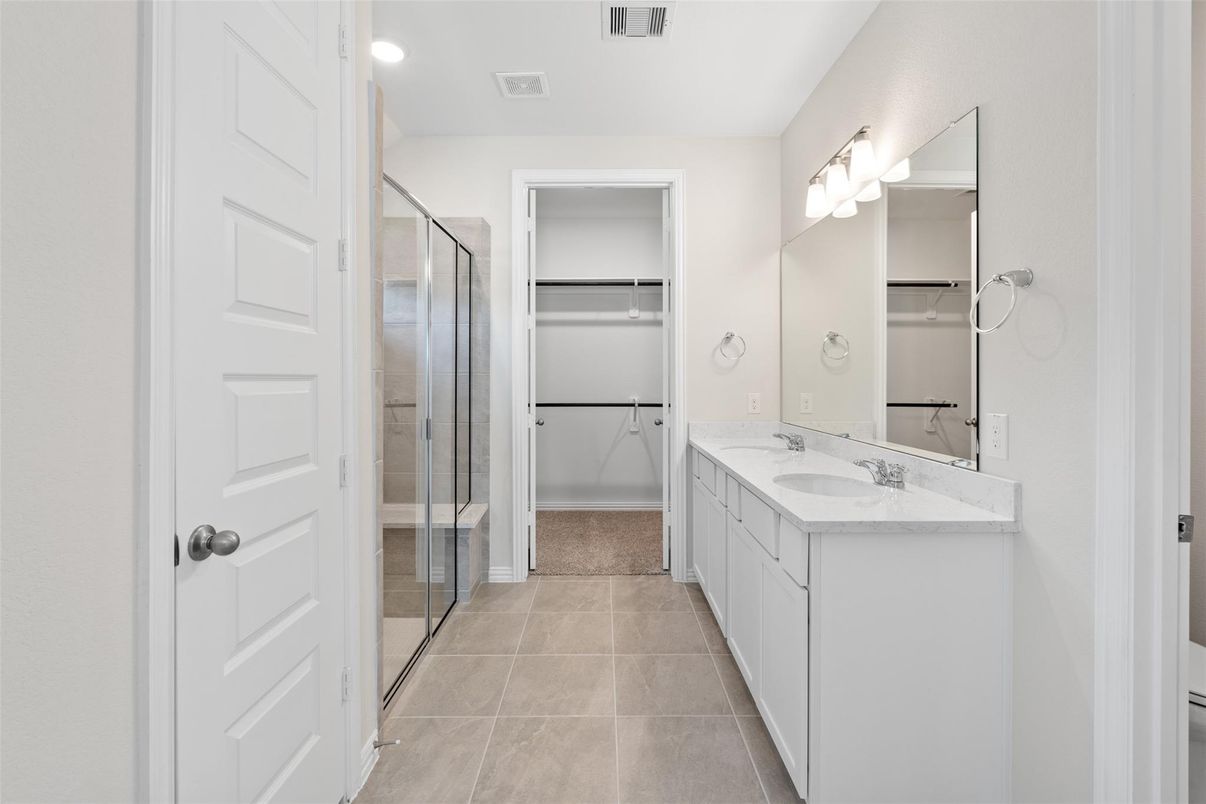 Bathroom, Dual Sink Vanities, Glass Shower, Interior, Recessed Lighting