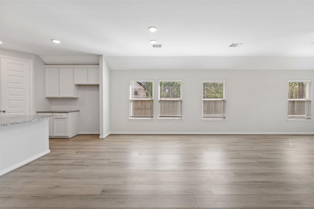 Empty room, Interior, Kitchen, Recessed Lighting, Wood Texture Flooring