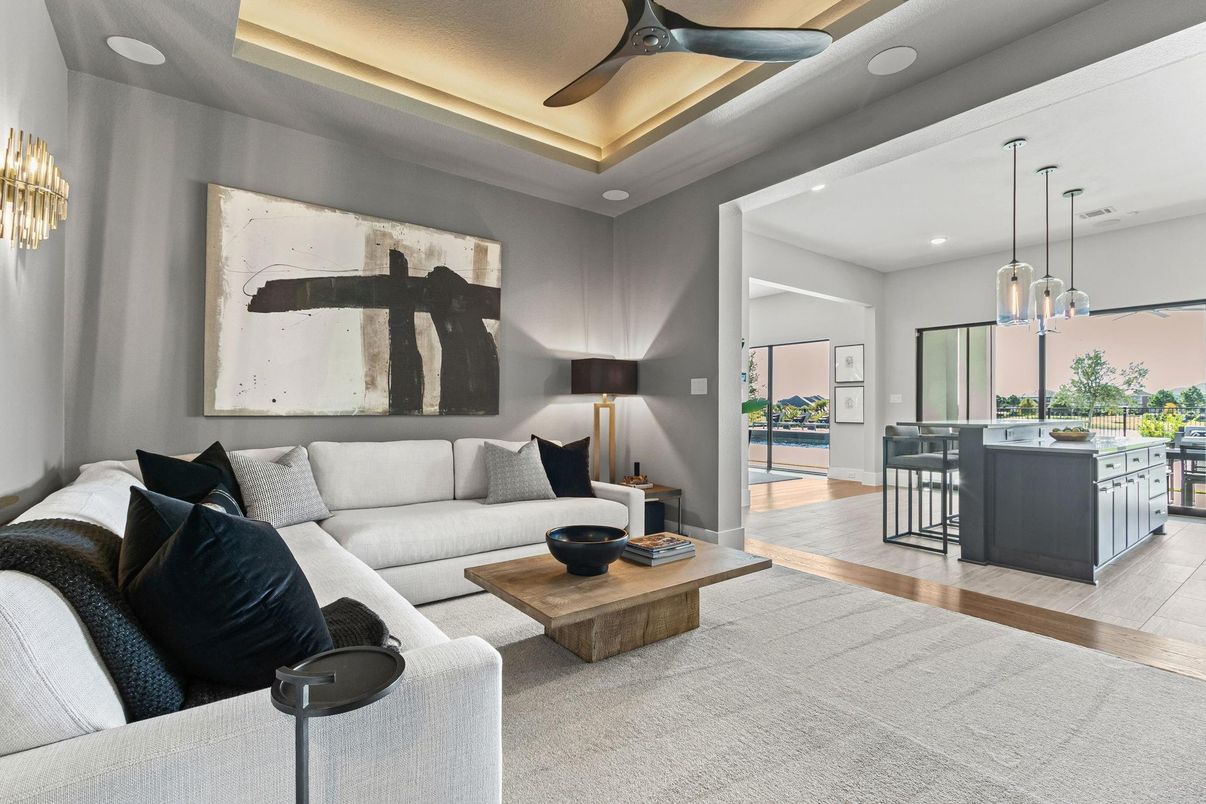 Interior, Living room, Pendant Lights, Recessed Lighting, Wood Texture Flooring