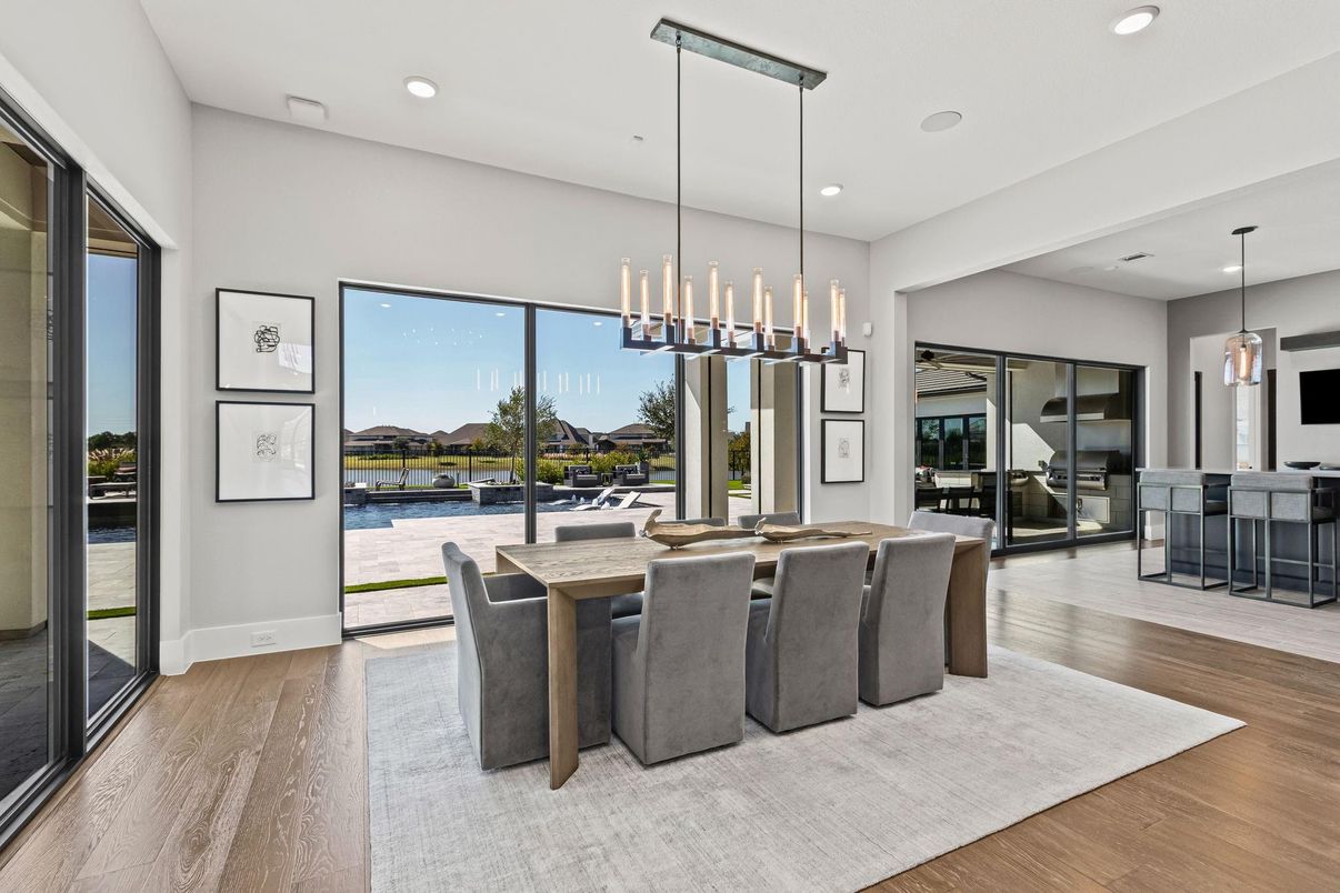 Dining room, Interior, Pendant Lights, Recessed Lighting, Water, Wood Texture Flooring