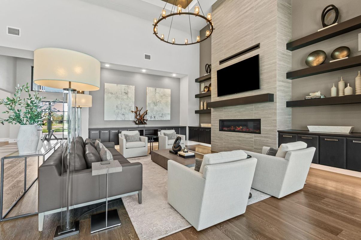 Chandelier, Fireplace, Interior, Living room, Pendant Lights, Recessed Lighting, Wood Texture Flooring