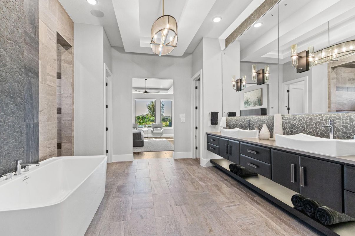 Bathroom, Dual Sink Vanities, Free Standing Baths, Interior, Pendant Lights, Recessed Lighting, Wood Texture Flooring