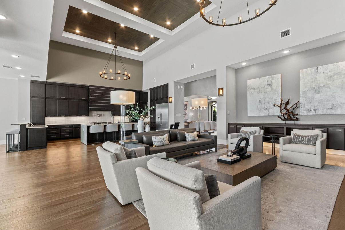 Chandelier, Interior, Kitchen, Living room, Pendant Lights, Recessed Lighting, Wood Texture Flooring