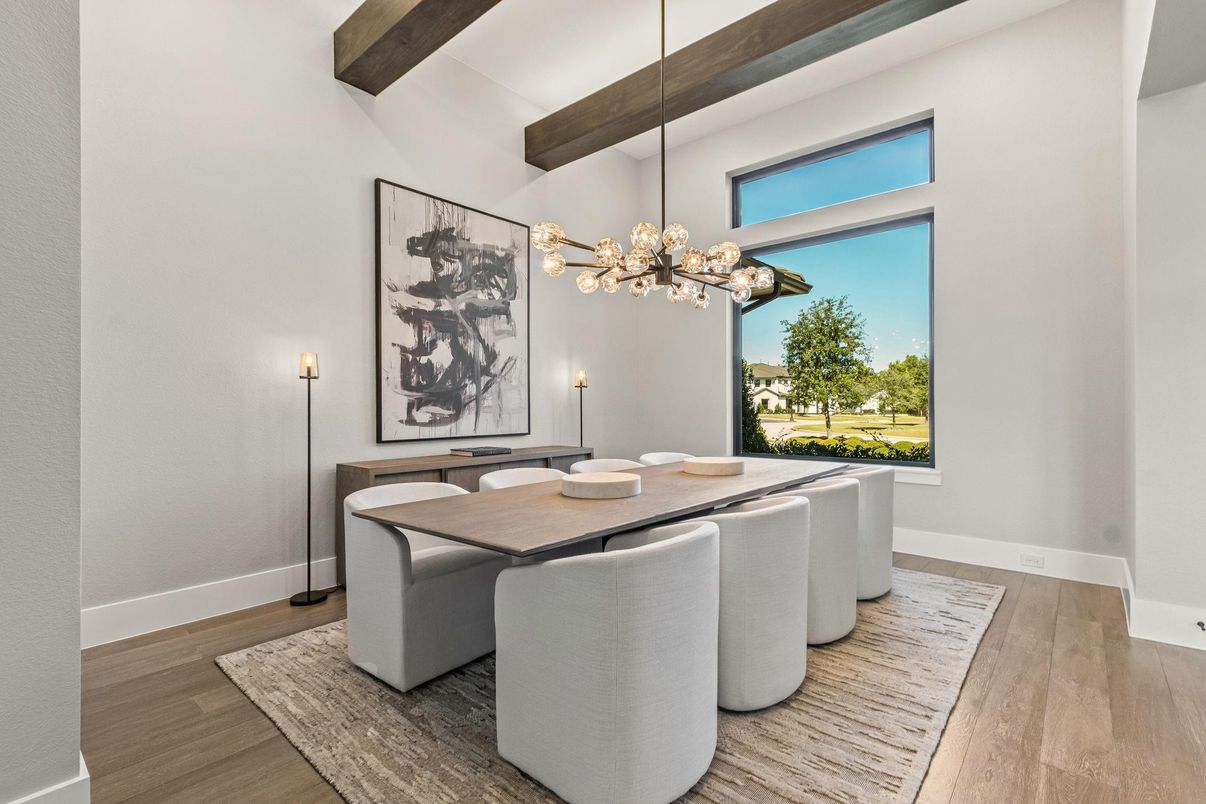 Dining room, Interior, Pendant Lights, Wooden Beams, Wood Texture Flooring