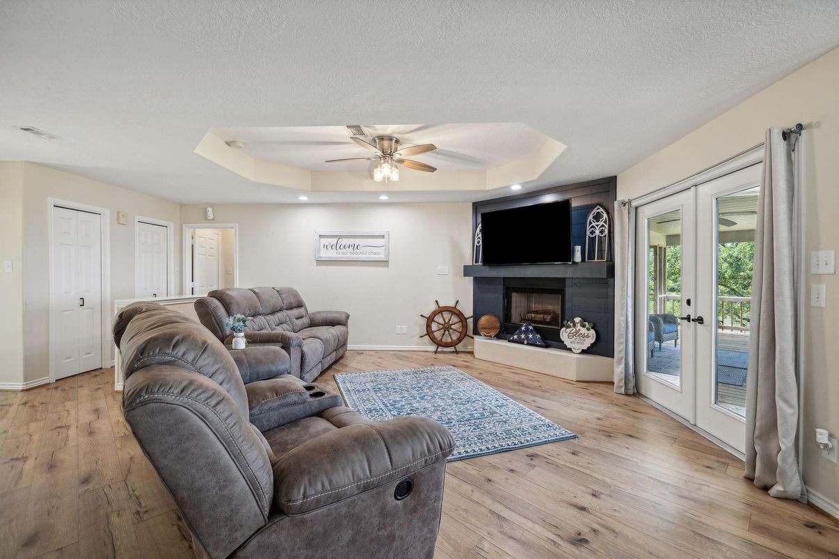 Fireplace, Interior, Living room, Recessed Lighting, Wood Texture Flooring