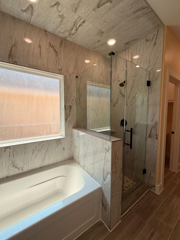 Bathroom, Glass Shower, Interior, Marble Walls, Recessed Lighting