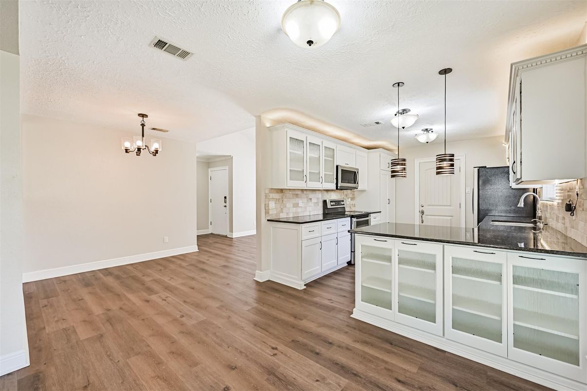 Chandelier, Interior, Kitchen, Pendant Lights, Stainless Steel Appliances, Wood Texture Flooring