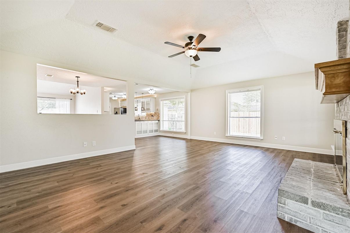 Chandelier, Empty room, Fireplace, Interior, Wood Texture Flooring