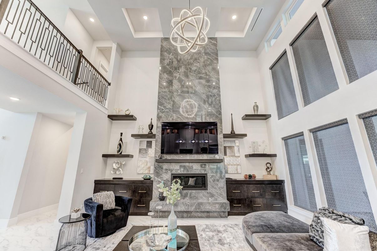 Fireplace, Interior, Living room, Marble, Pendant Lights, Recessed Lighting