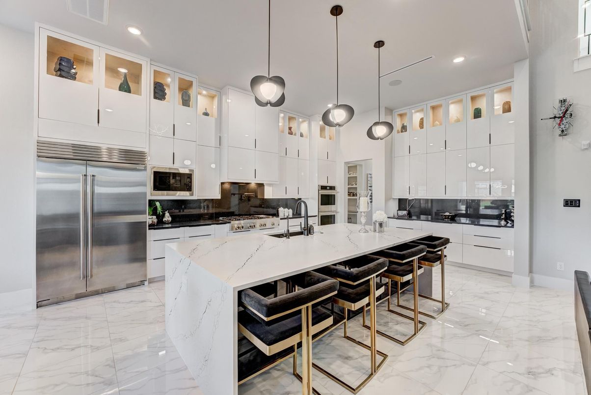 Interior, Kitchen, Marble, Pendant Lights, Recessed Lighting, Stainless Steel Appliances