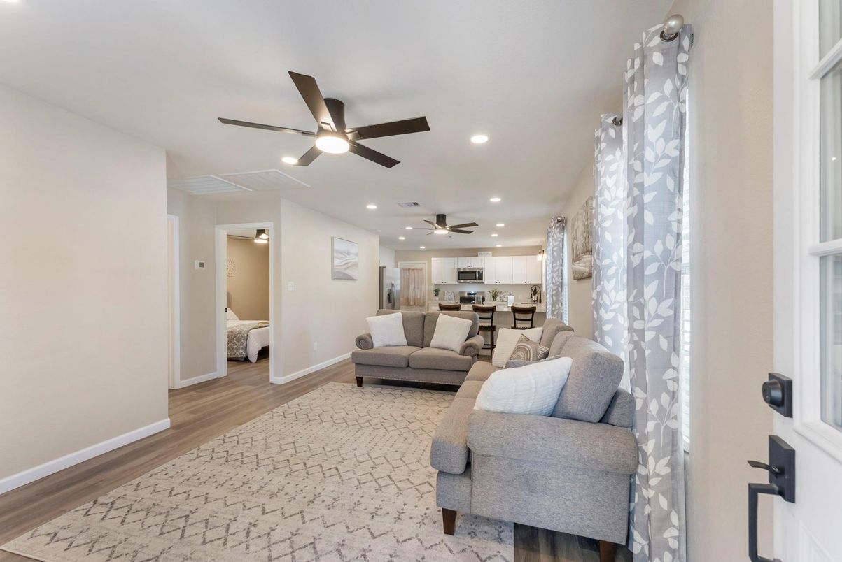 Interior, Kitchen, Living room, Recessed Lighting, Stainless Steel Appliances, Wood Texture Flooring