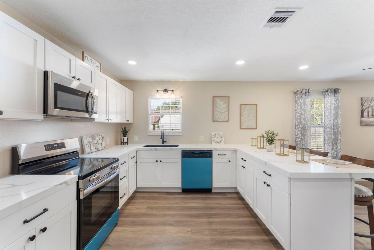 Interior, Kitchen, Recessed Lighting, Stainless Steel Appliances, Wood Texture Flooring