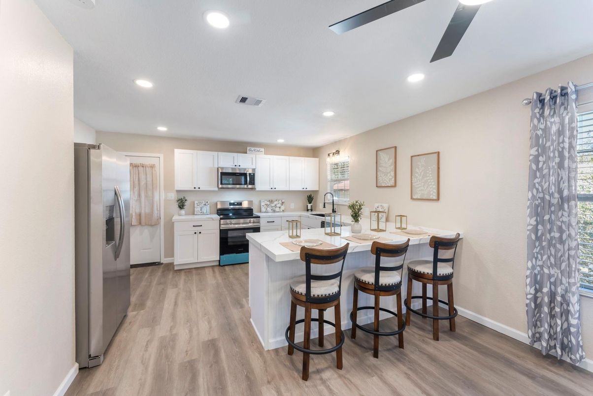 Interior, Kitchen, Recessed Lighting, Stainless Steel Appliances, Wood Texture Flooring