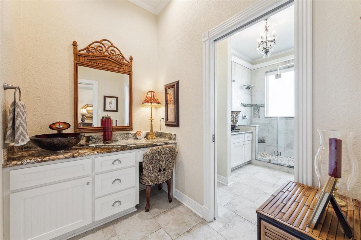 Bathroom, Chandelier, Dual Sink Vanities, Glass Shower, Interior