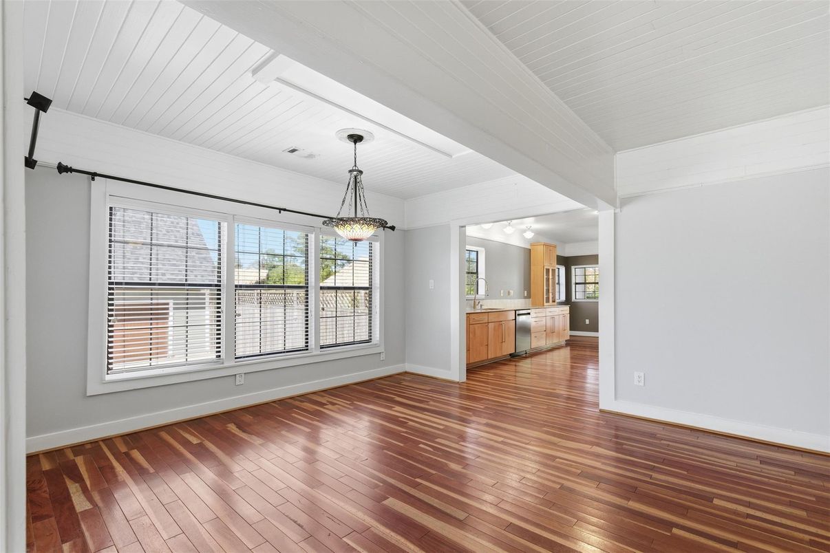 Empty room, Interior, Kitchen, Pendant Lights, Wood Texture Flooring