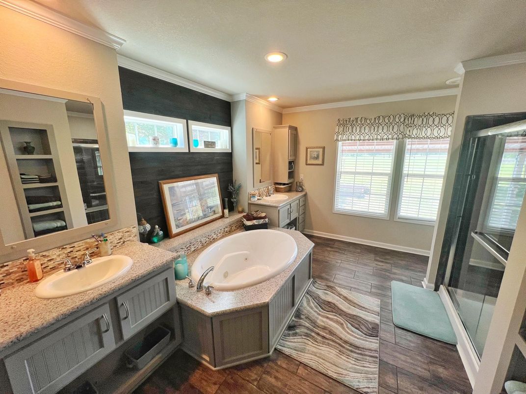 Bathroom, Dual Sink Vanities, Interior, Recessed Lighting, Wood Texture Flooring