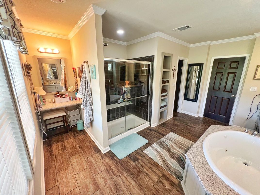 Bathroom, Glass Shower, Interior, Recessed Lighting, Wood Texture Flooring