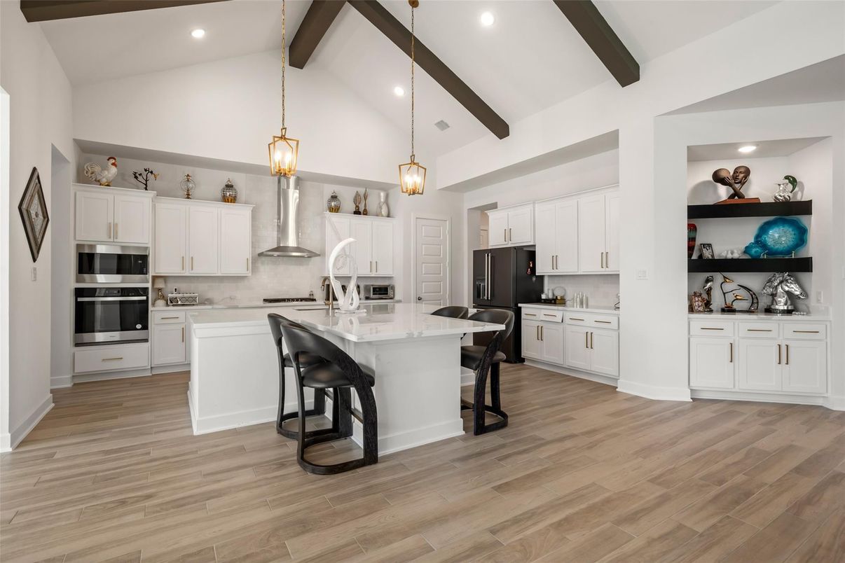 Interior, Kitchen, Pendant Lights, Recessed Lighting, Stainless Steel Appliances, Wooden Beams, Wood Texture Flooring