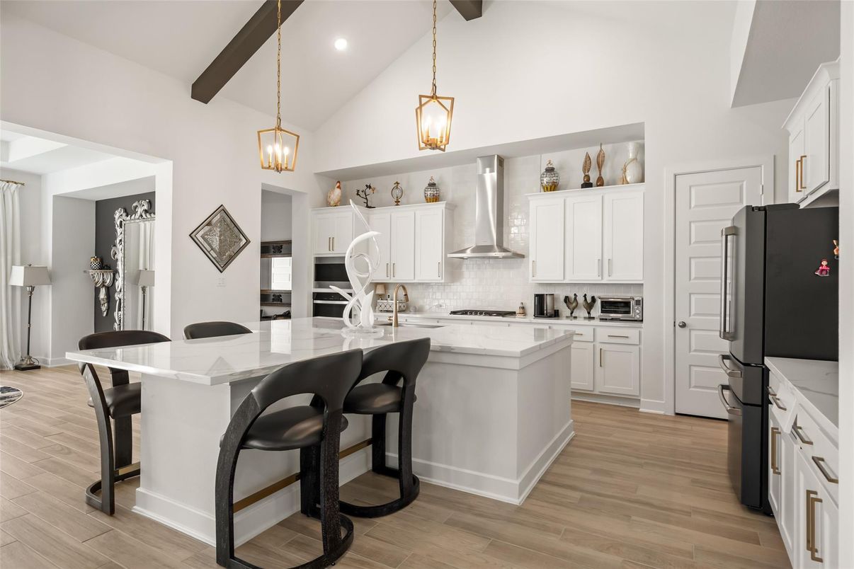 Interior, Kitchen, Pendant Lights, Recessed Lighting, Stainless Steel Appliances, Wooden Beams, Wood Texture Flooring