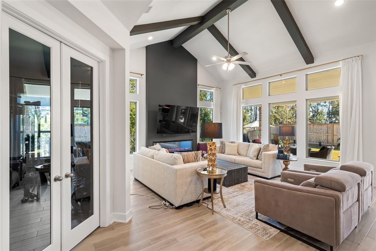 Interior, Living room, Recessed Lighting, Wooden Beams, Wood Texture Flooring