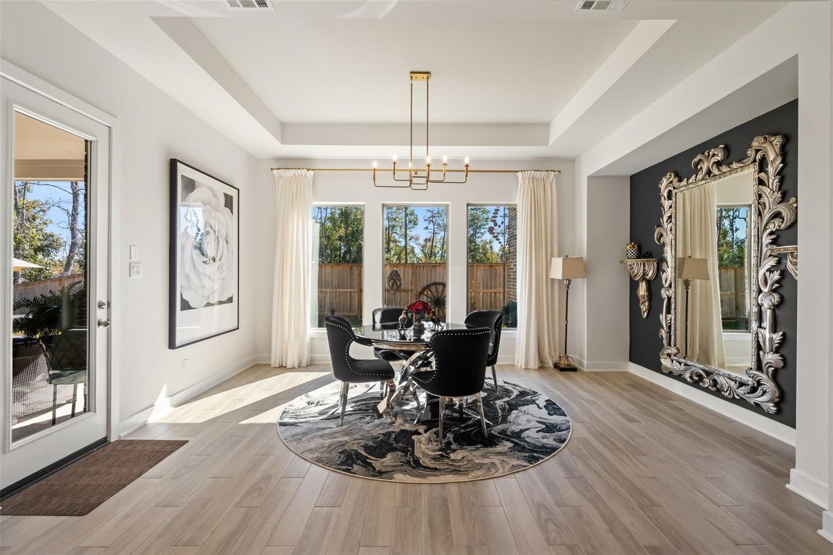 Dining room, Interior, Pendant Lights, Wood Texture Flooring