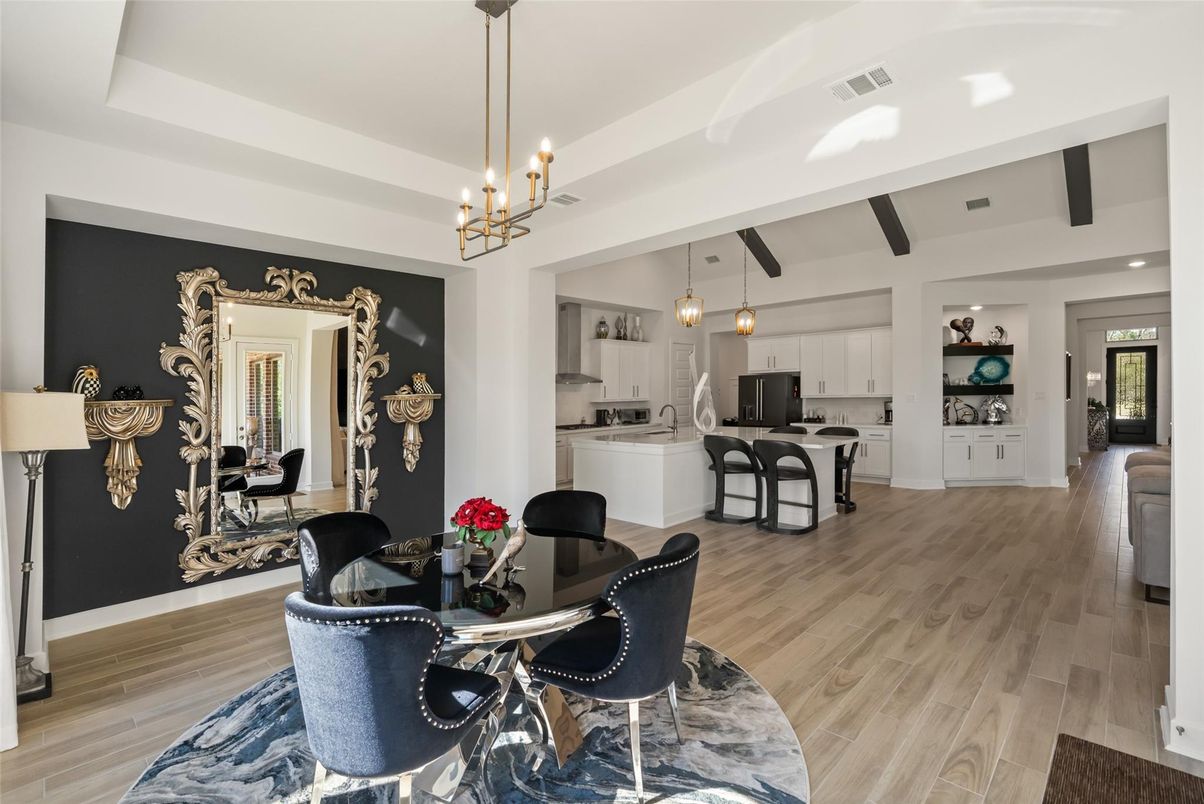 Dining room, Interior, Kitchen, Pendant Lights, Recessed Lighting, Wood Texture Flooring