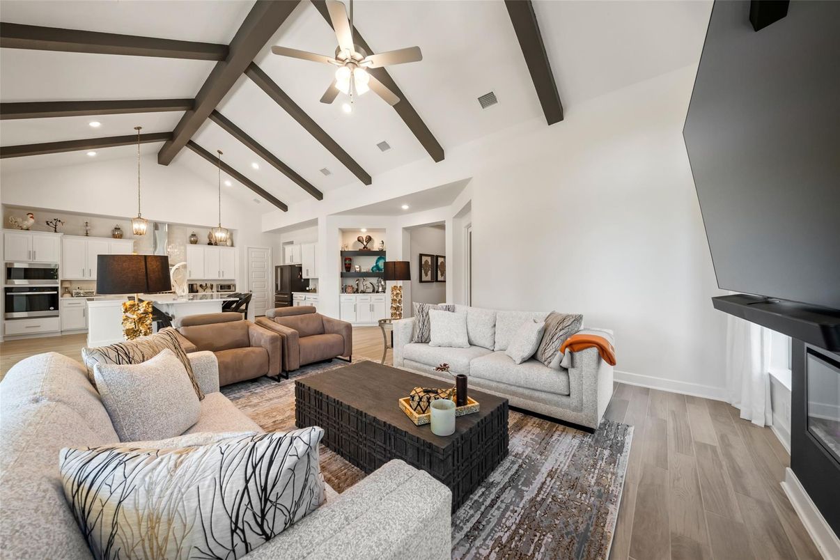 Interior, Kitchen, Living room, Pendant Lights, Recessed Lighting, Stainless Steel Appliances, Wooden Beams, Wood Texture Flooring