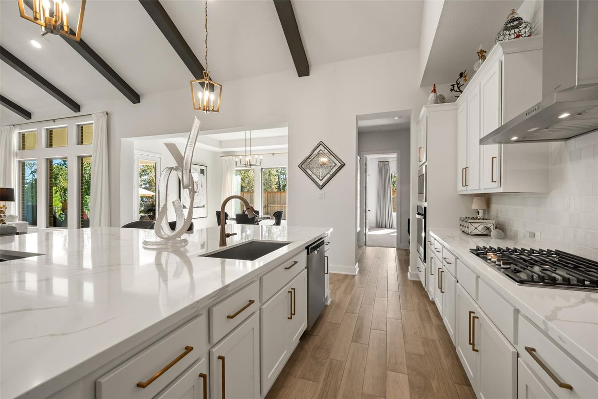 Chandelier, Interior, Kitchen, Pendant Lights, Recessed Lighting, Stainless Steel Appliances, Wooden Beams, Wood Texture Flooring