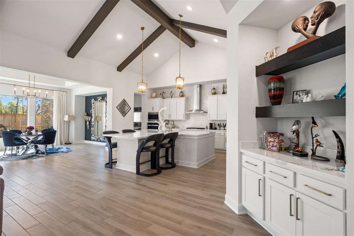 Dining room, Interior, Kitchen, Pendant Lights, Recessed Lighting, Stainless Steel Appliances, Wooden Beams, Wood Texture Flooring