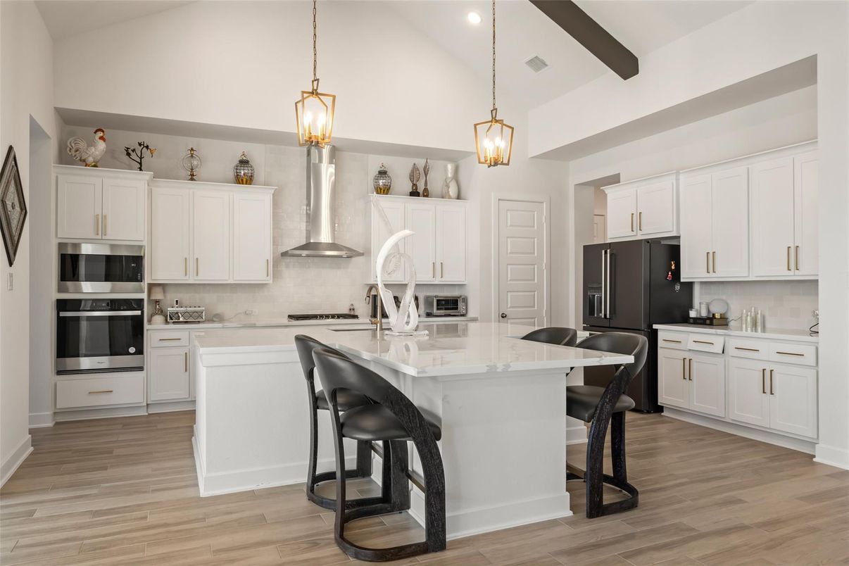 Interior, Kitchen, Pendant Lights, Recessed Lighting, Stainless Steel Appliances, Wooden Beams, Wood Texture Flooring