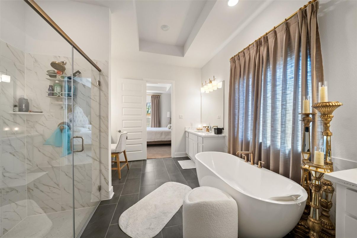 Bathroom, Free Standing Baths, Glass Shower, Interior, Marble Walls, Recessed Lighting