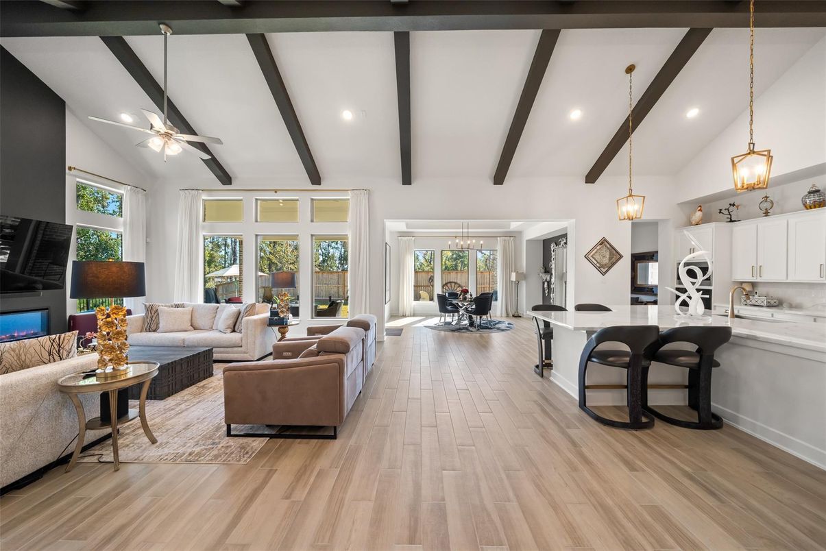 Interior, Kitchen, Living room, Pendant Lights, Recessed Lighting, Wooden Beams, Wood Texture Flooring