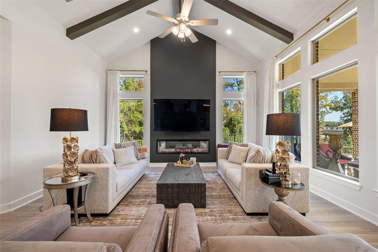 Fireplace, Interior, Living room, Recessed Lighting, Wooden Beams, Wood Texture Flooring