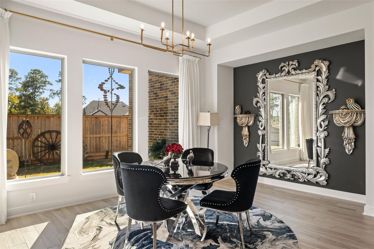 Dining room, Interior, Pendant Lights, Wood Texture Flooring