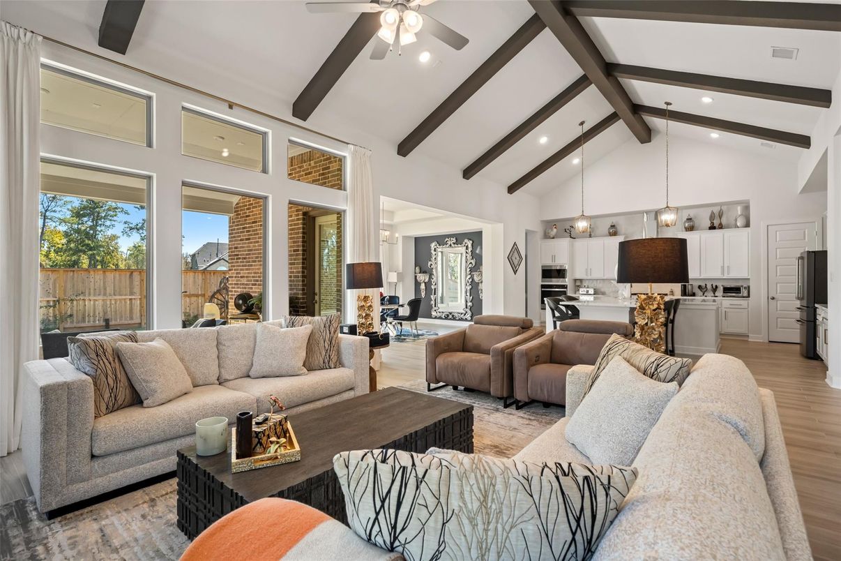 Interior, Kitchen, Living room, Pendant Lights, Recessed Lighting, Stainless Steel Appliances, Wooden Beams, Wood Texture Flooring