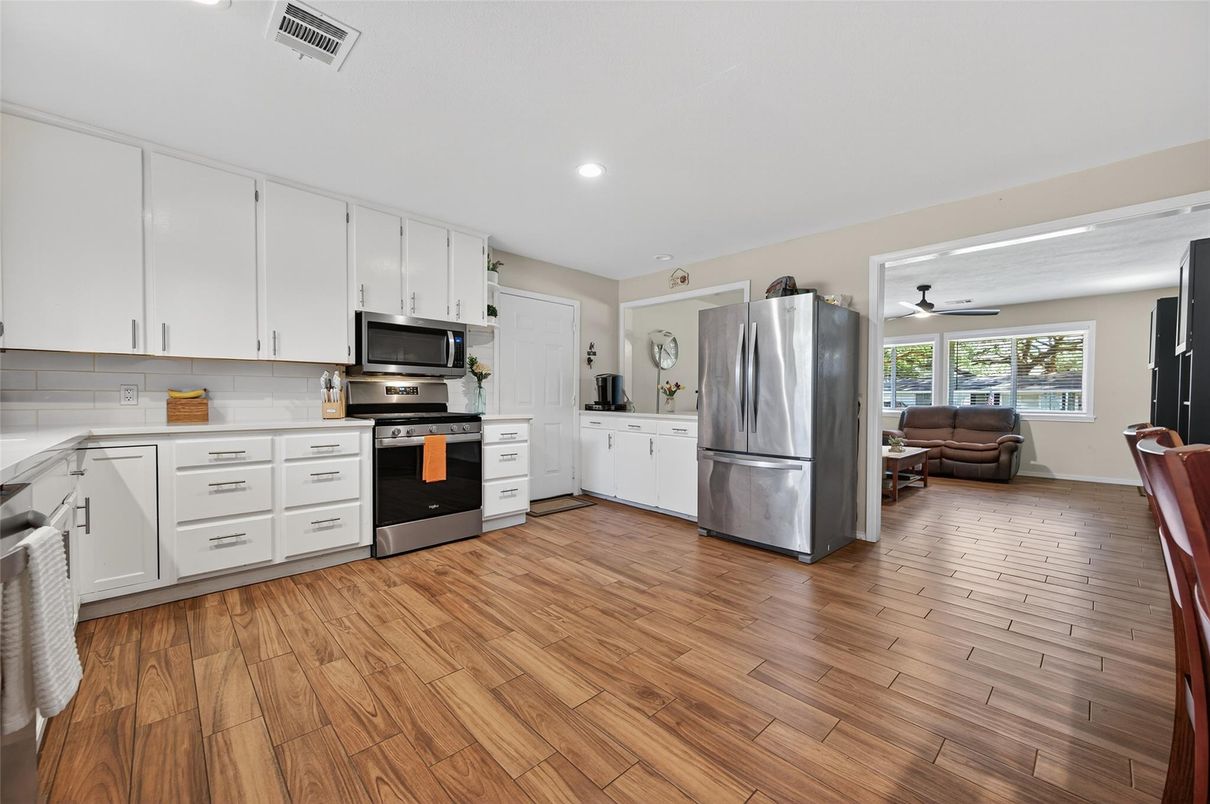 Interior, Kitchen, Recessed Lighting, Stainless Steel Appliances, Wood Texture Flooring