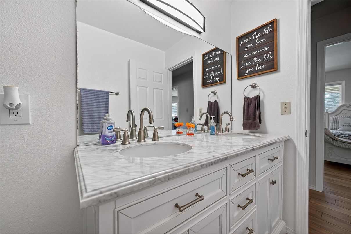 Bathroom, Dual Sink Vanities, Interior, Tile Countertops, Wood Texture Flooring