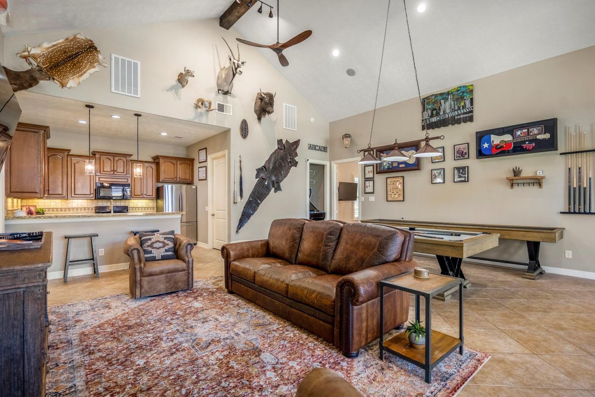 Billiard Table, Game Room, Interior, Kitchen, Living room, Pendant Lights, Recessed Lighting, Stainless Steel Appliances