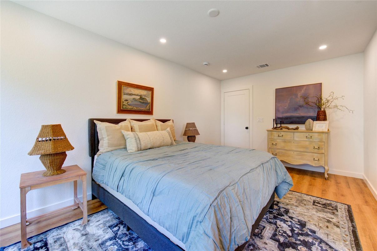 Bedroom, Interior, Recessed Lighting, Wood Texture Flooring