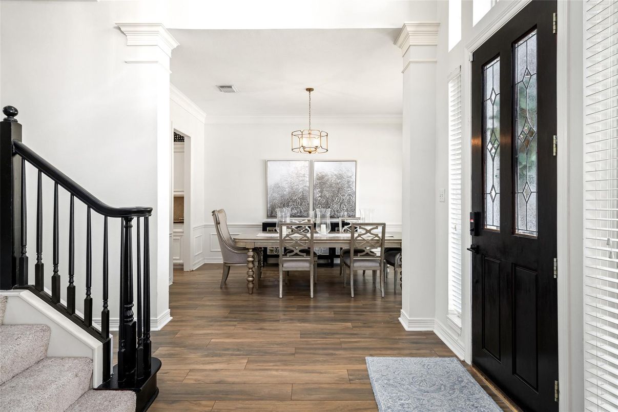 Dining room, Interior, Pendant Lights, Wood Texture Flooring