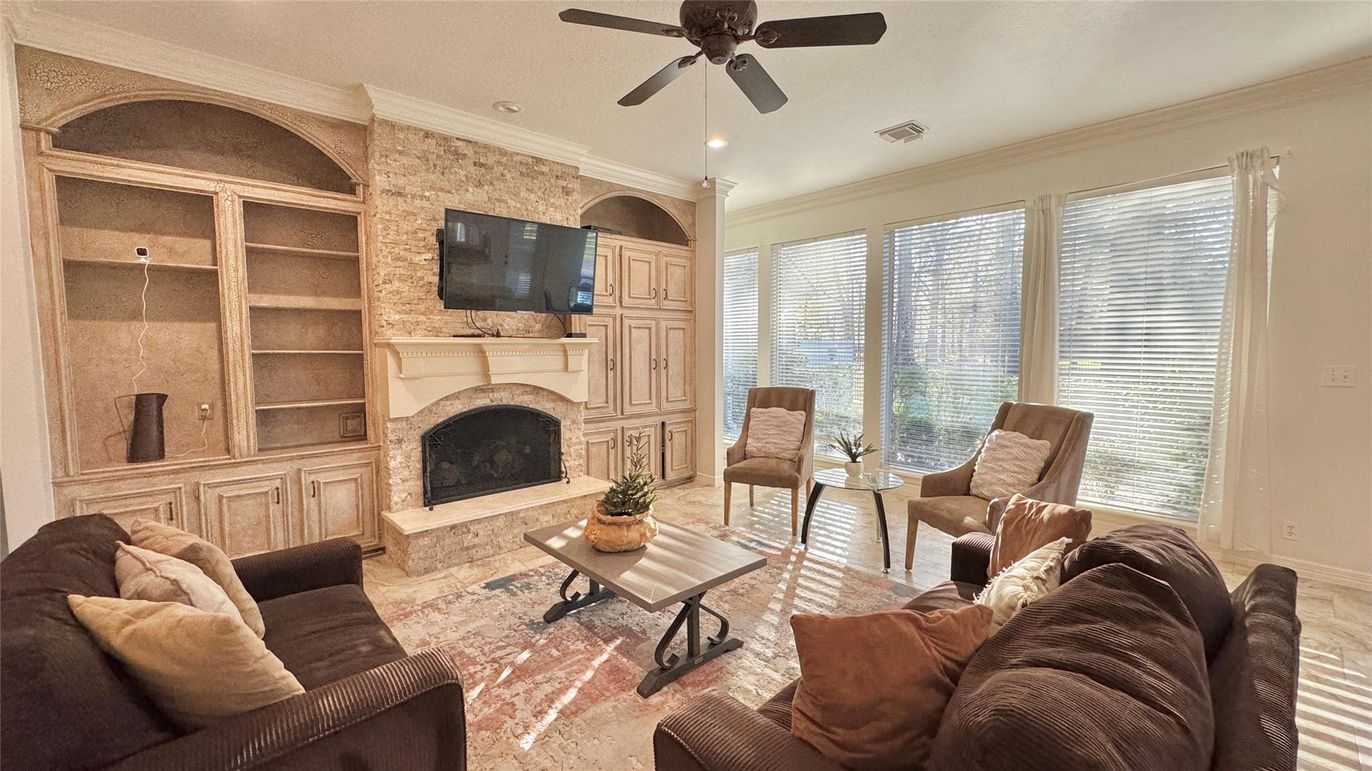 Fireplace, Interior, Living room, Recessed Lighting, Stone Walls