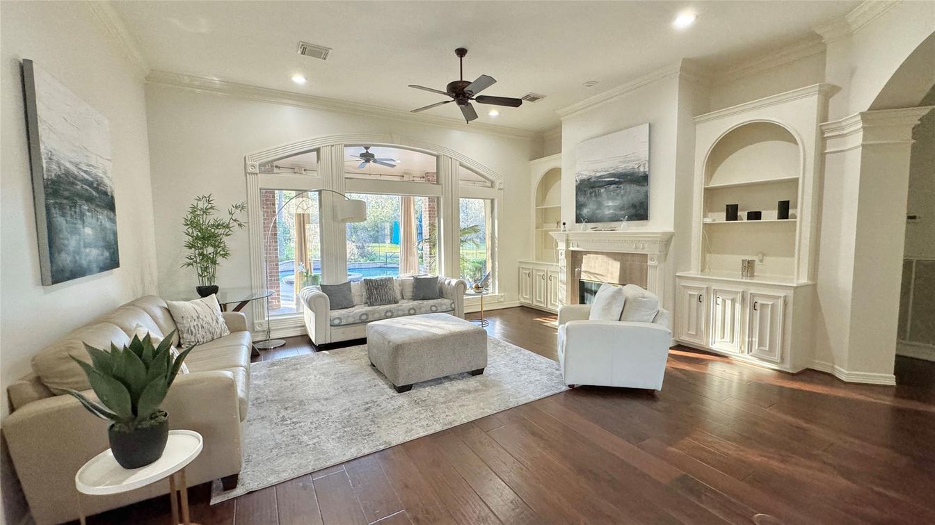 Fireplace, Interior, Living room, Recessed Lighting, Wood Texture Flooring