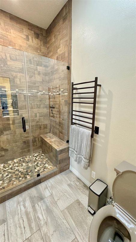 Bathroom, Glass Shower, Interior, Wood Texture Flooring, Wooden Walls