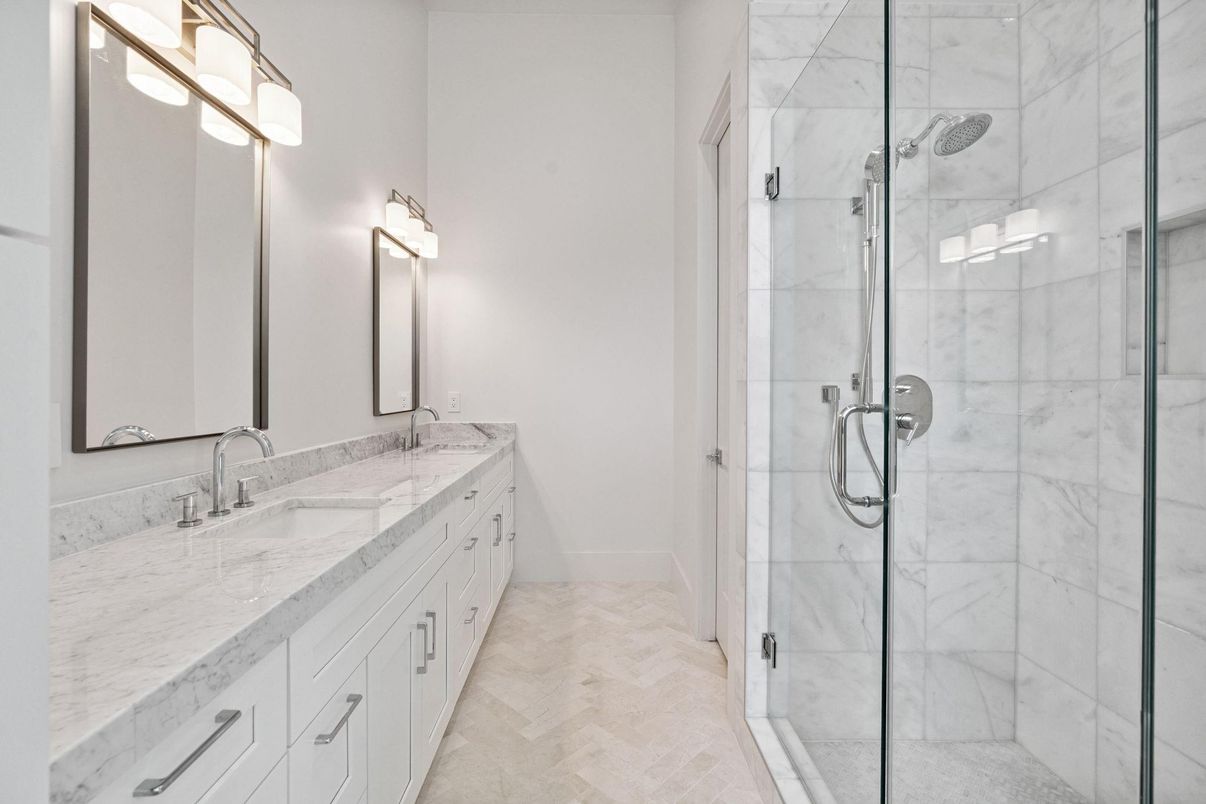 Bathroom, Dual Sink Vanities, Glass Shower, Interior, Marble Walls