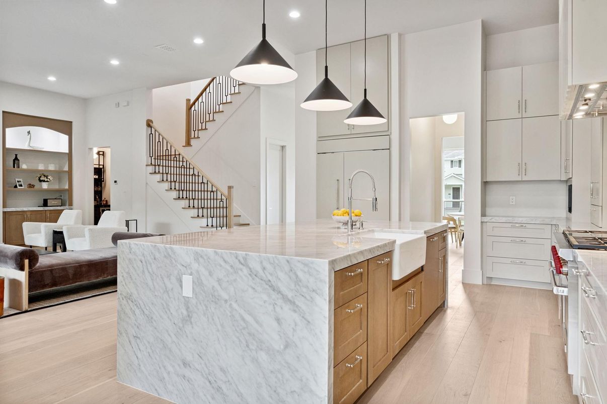 Interior, Kitchen, Pendant Lights, Recessed Lighting, Stainless Steel Appliances, Wood Texture Flooring