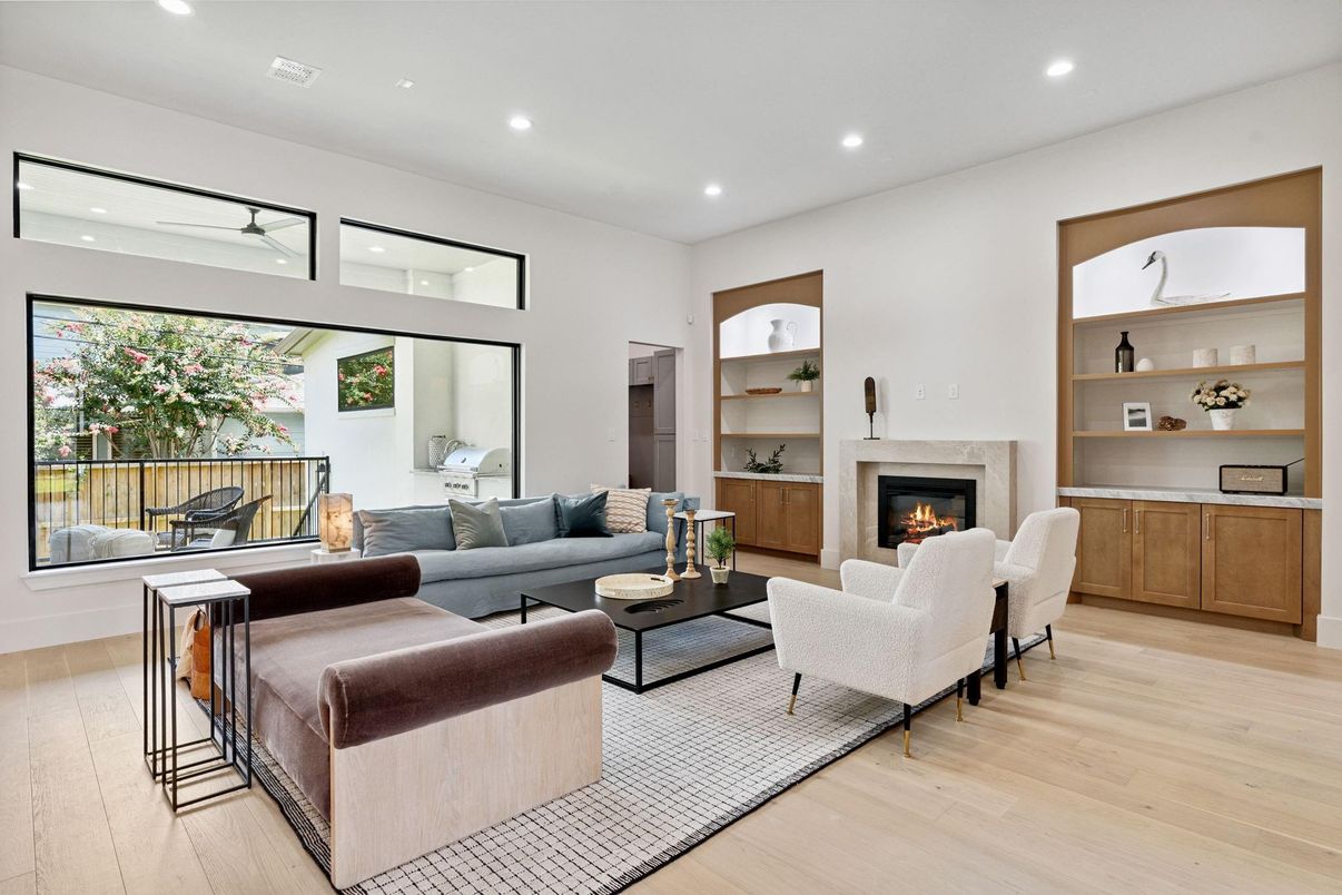 Fireplace, Interior, Living room, Recessed Lighting, Wood Texture Flooring