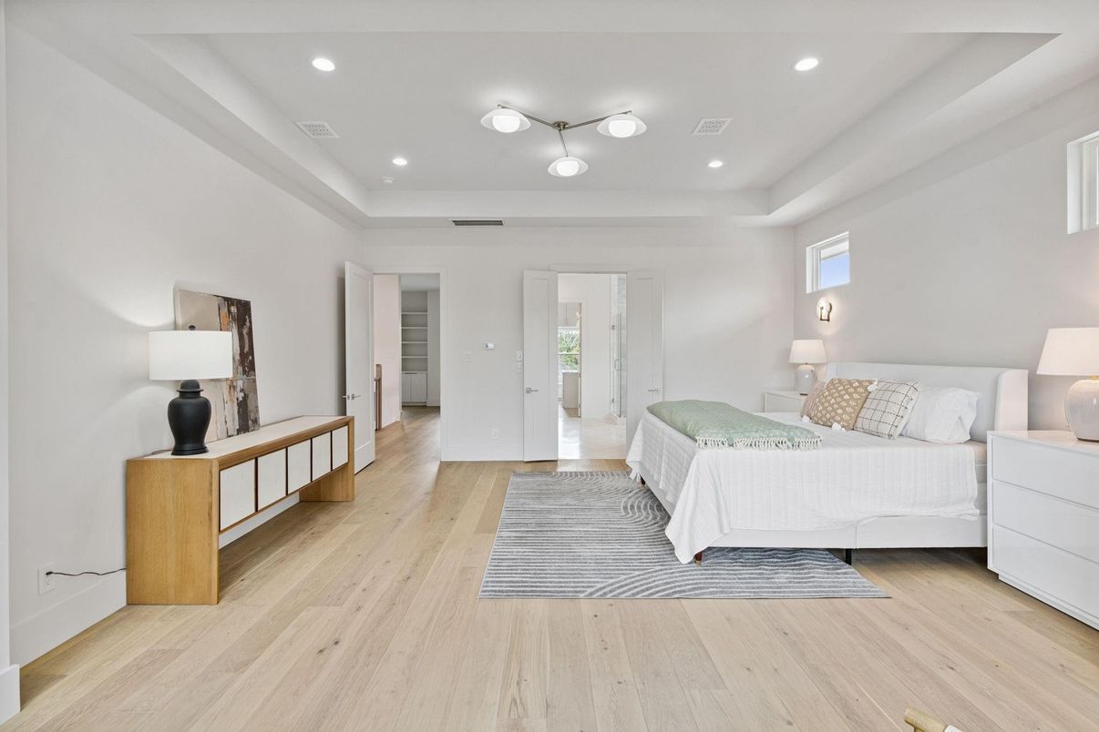 Bedroom, Interior, Recessed Lighting, Wood Texture Flooring