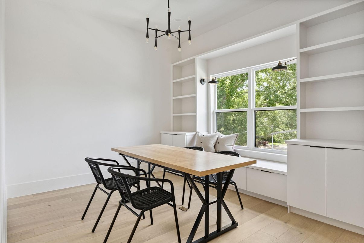 Dining room, Interior, Pendant Lights, Wood Texture Flooring